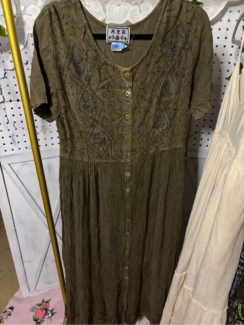 Olive Embroidered Button-Front Maxi Dress